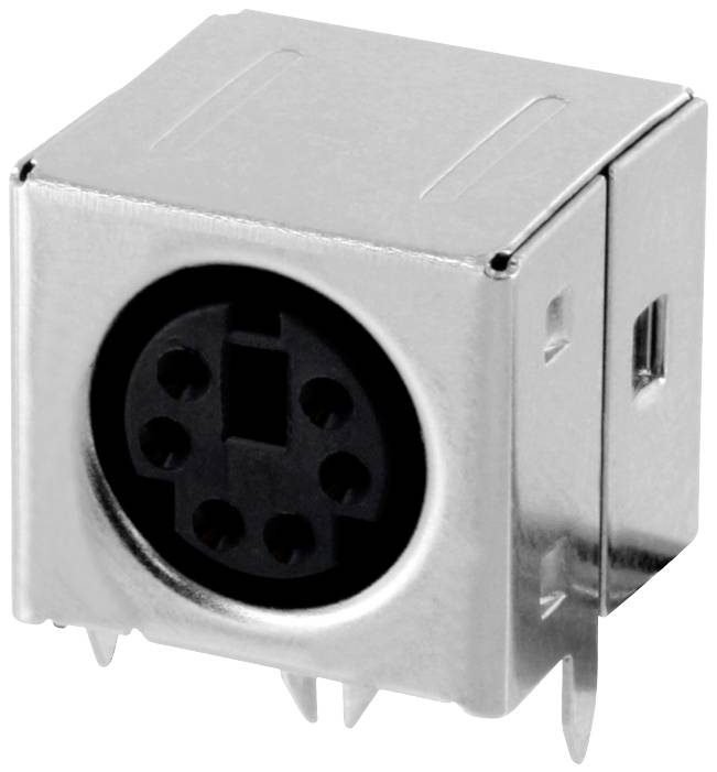 Metallic 6-pin DIN socket viewed from the front; suitable for connecting cables in electronic devices.
