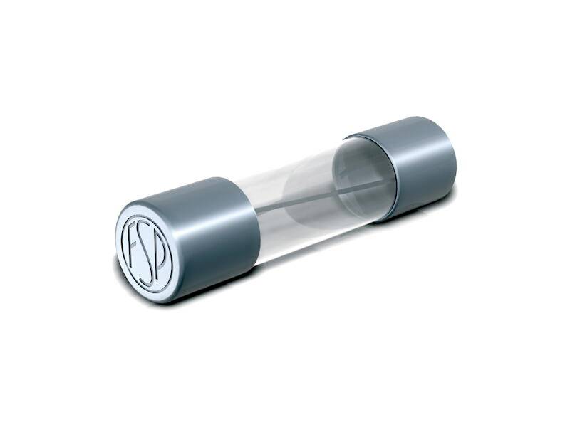 Glass tube fuse with metallic end caps, transparent in the middle, without visible markings, cylindrical in shape.