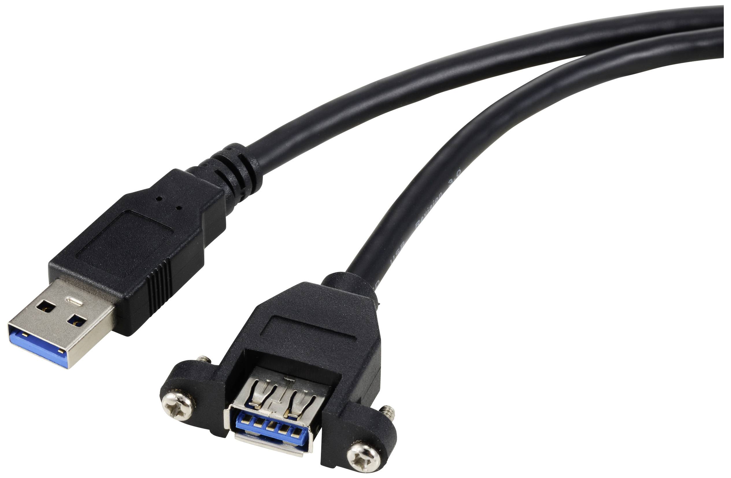 A black USB 3.0 extension cable with a USB plug and a USB socket, suitable for data transfer and device connection.