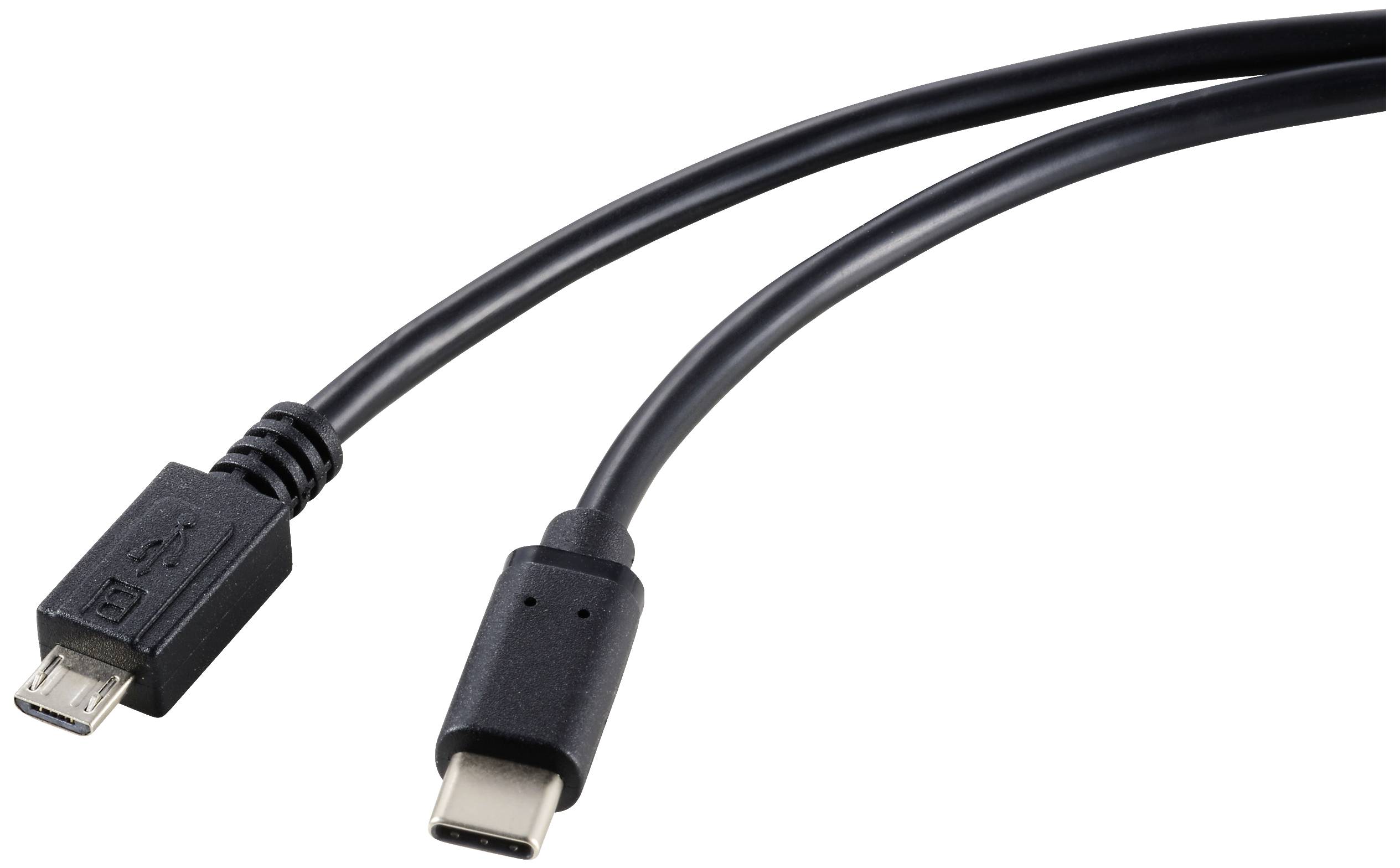 Two cable types: on the left a Micro-USB plug, on the right a USB-C plug. Both are black and suitable for data transfer or charging.