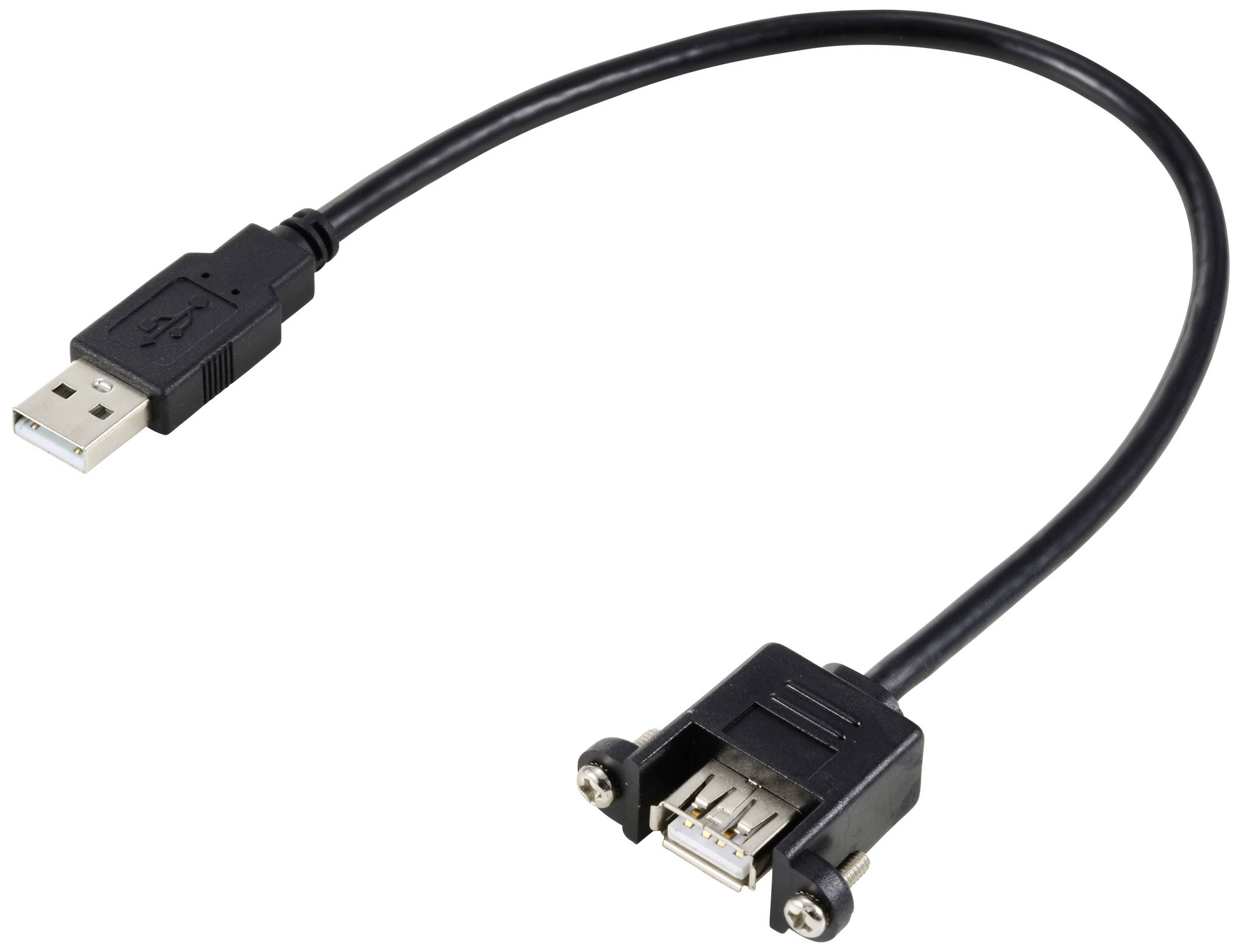 USB extension cable with male and female connectors, enables connection of USB devices over a greater distance.