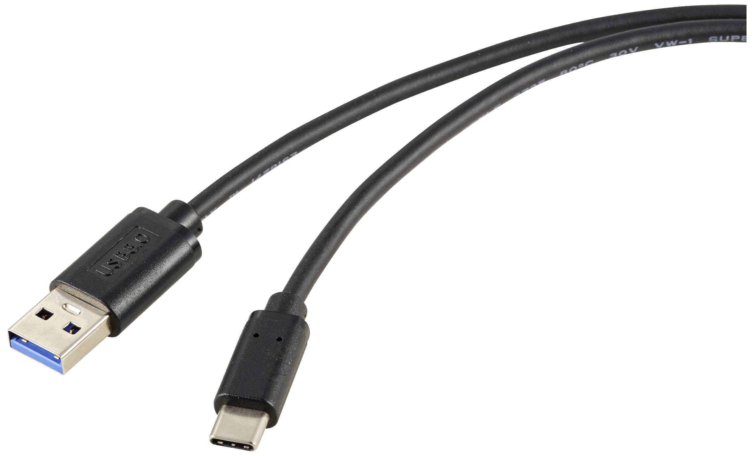 A USB cable with a USB-A plug on the left side and a USB-C plug on the right side, suitable for charging and data transfer.