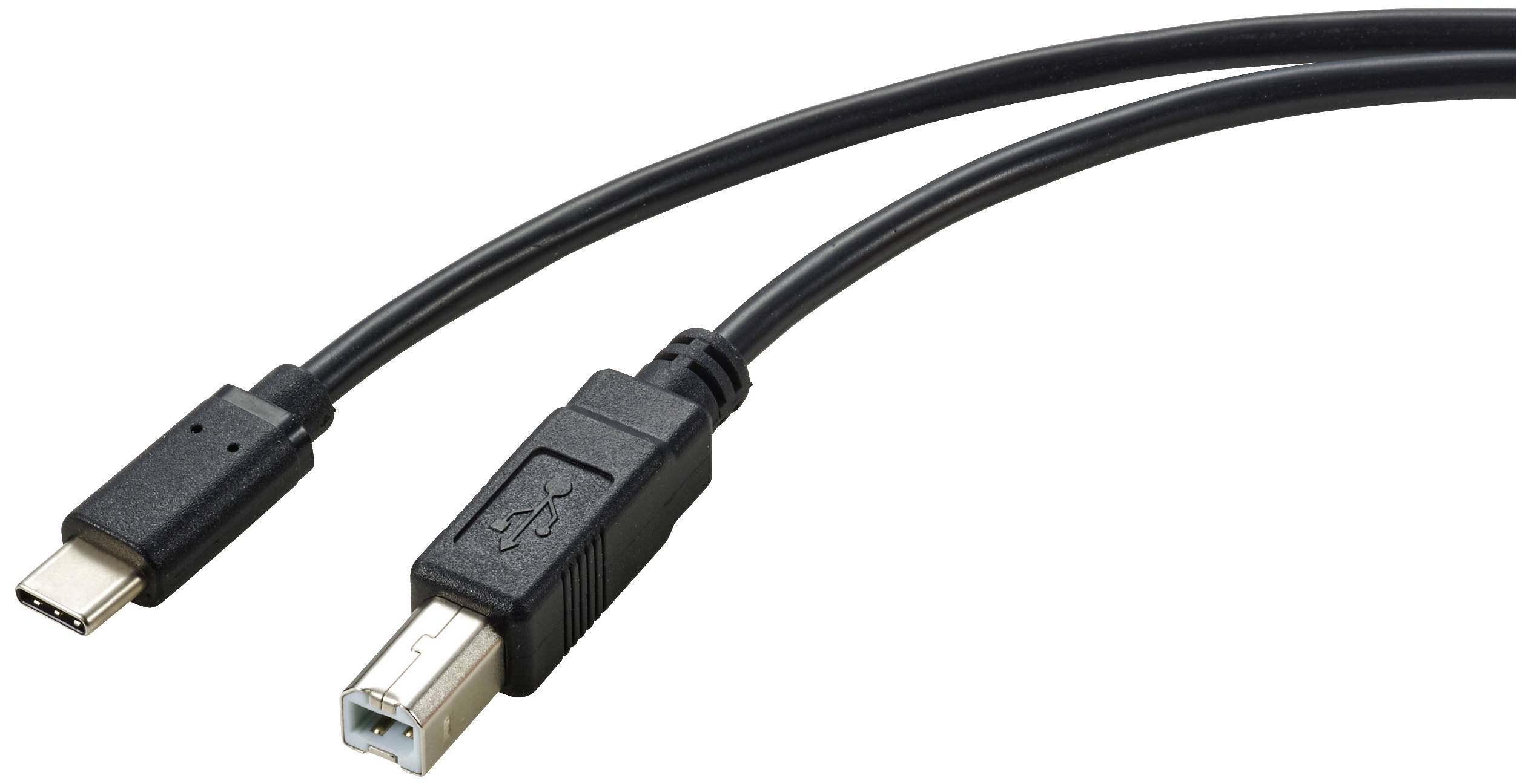 Two cables, one with a USB-C plug and the other with a USB-B plug, are lying side by side.