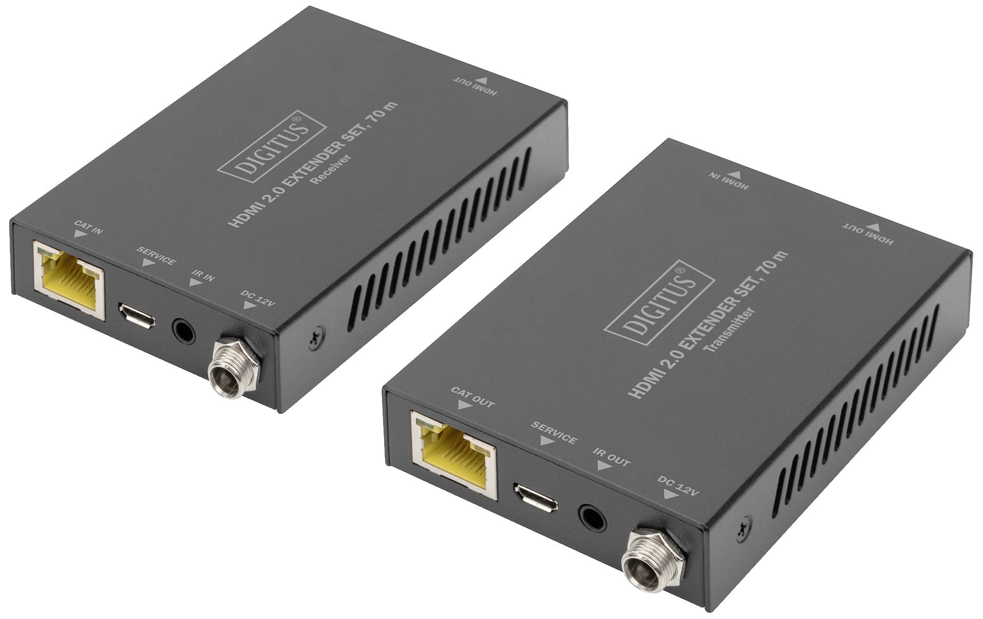 Two black HDMI extenders by Digitus with multiple ports, including RJ45 and Micro-USB.