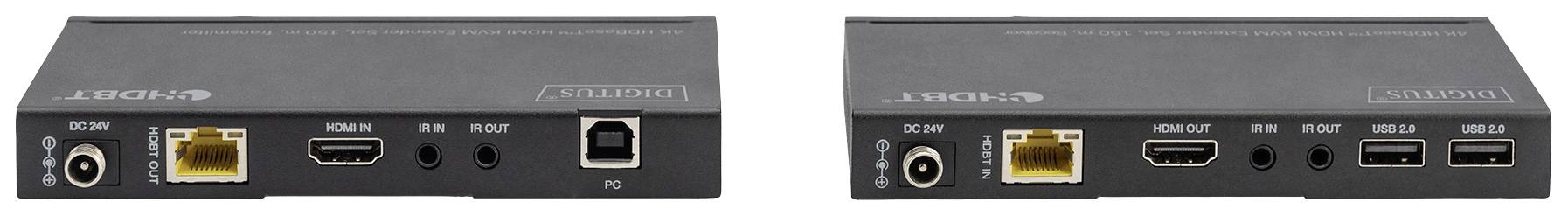 Two network devices with various ports: HDMI, USB, Ethernet and power connections. Front and rear views shown.