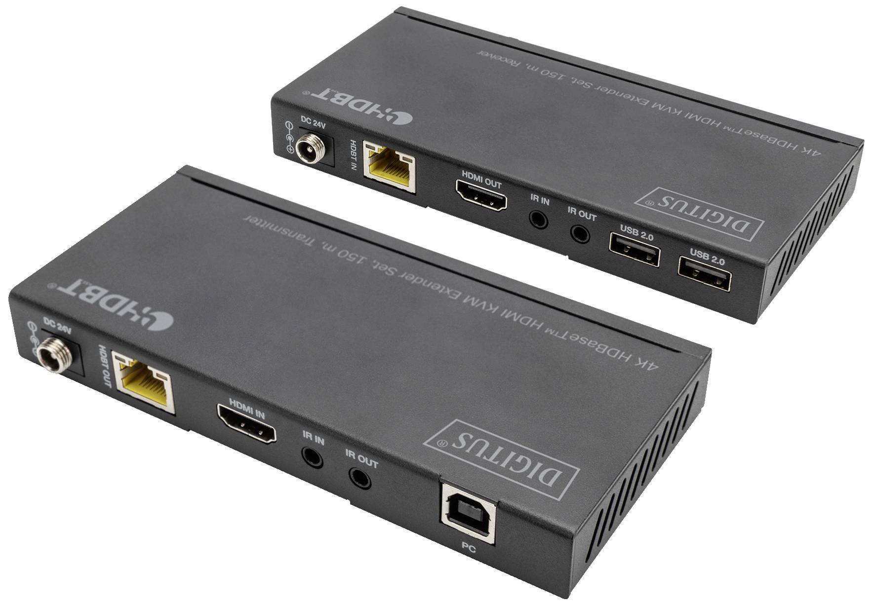 Two black HDMI extenders with connections for Ethernet, HDMI, USB and power cable. Devices for signal transmission over longer distances.