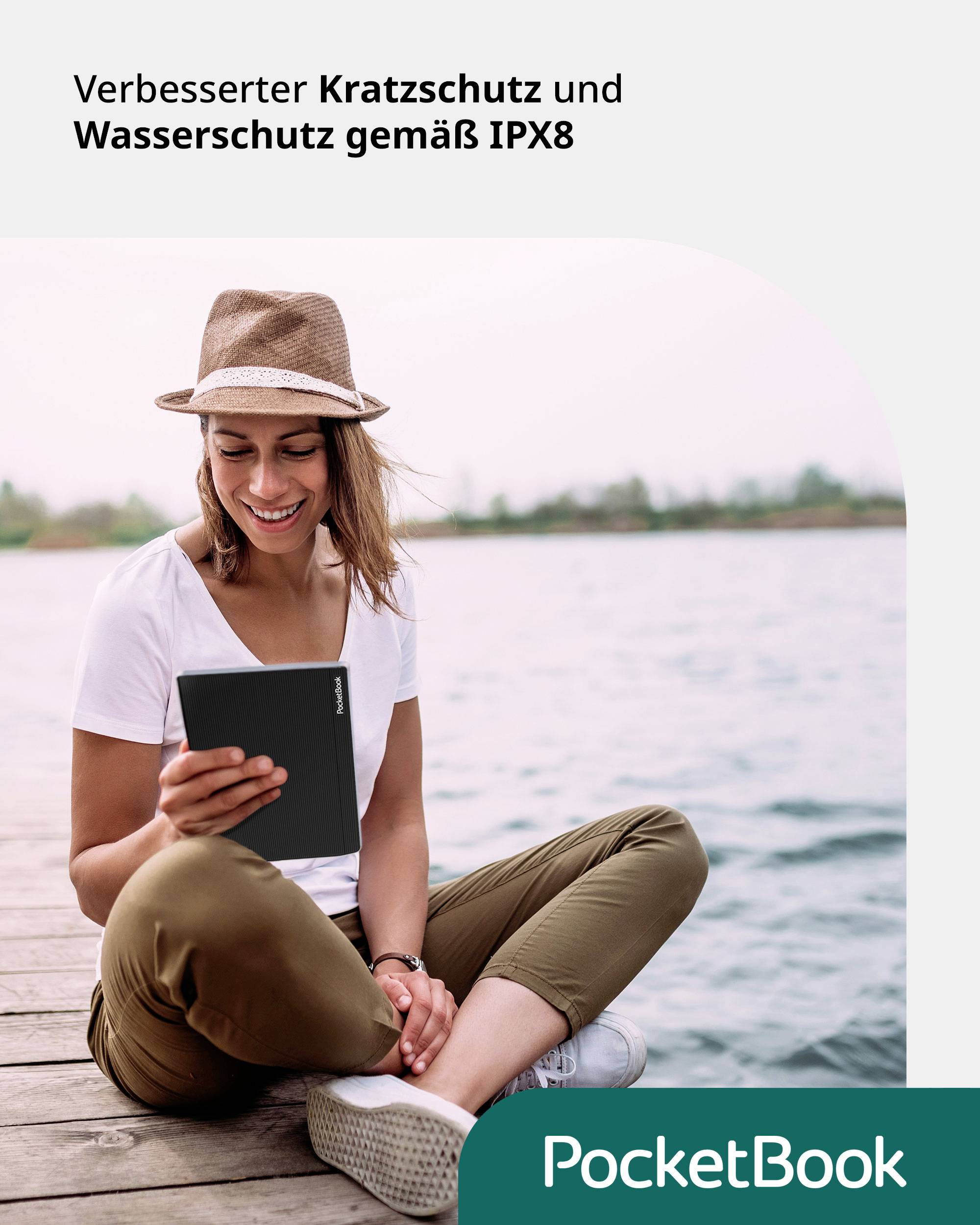 A person is sitting outside, reading on an e-reader. Text: 'Enhanced scratch protection and water protection to IPX8 standard'. PocketBook logo.