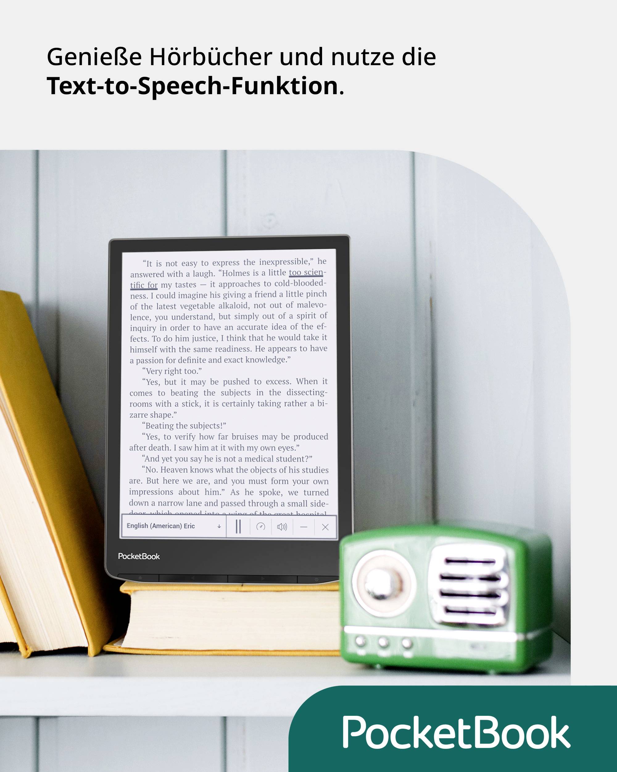 E-Reader on bookshelf with text display, next to a vintage radio. Above it reads: 'Enjoy audiobooks and use the text-to-speech feature.'