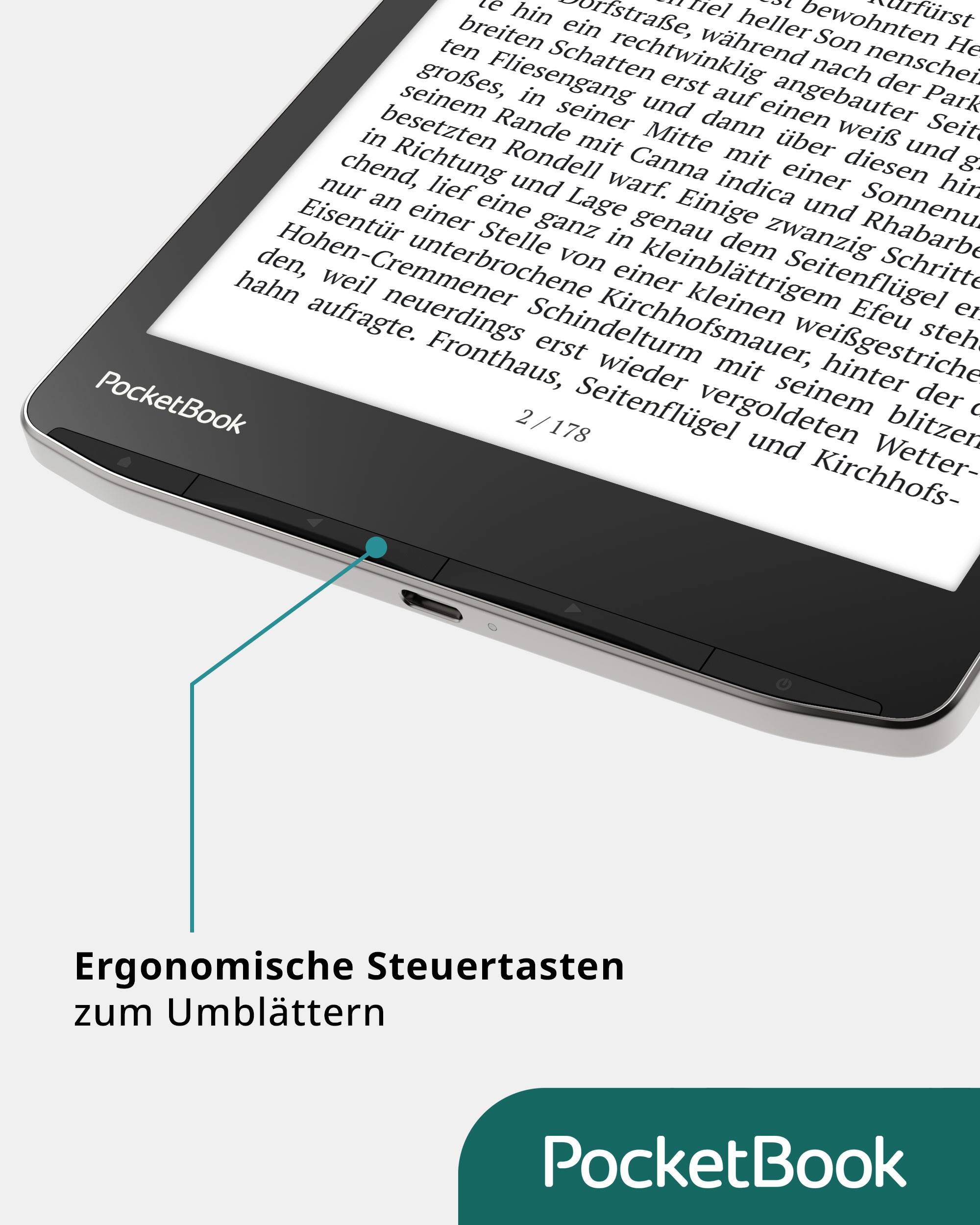 An e-reader with ergonomic control buttons for page turning, shown with a text excerpt on the screen.