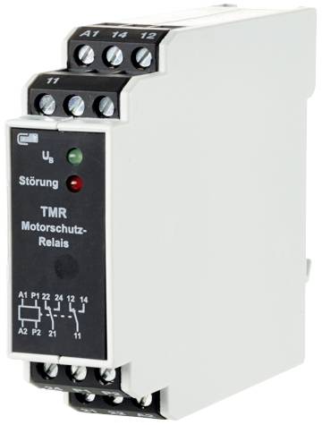 Motor protection relay TMR, grey housing with connections and LED indicators for fault and operating voltage, protects motors against overload.