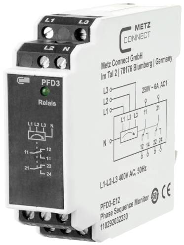 Single-phase voltage and phase monitor from Metz Connect, Model PFD3, for monitoring phase sequence and phase failure, 400V AC, 50Hz.