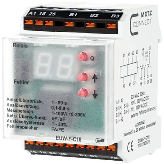 A relay with a digital display and multiple terminal connections, suitable for voltages ranging from 24-230 V AC/DC, with fault indication.