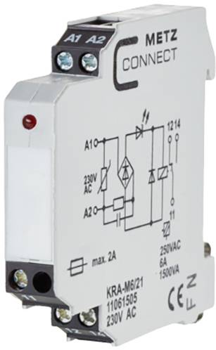 A white electrical module from METZ CONNECT, showing a switching symbol for 230V AC, max. 2A. Used in electrical circuits.
