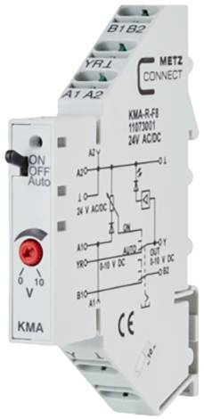Metz Connect KMA-R-FB Relay Module, 24V AC/DC, shows circuit diagram and voltage settings. Suitable for industrial applications.