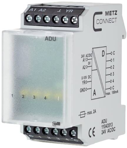 An electrical switchgear device with a transparent cover shows various connection terminals and markings for current strengths.