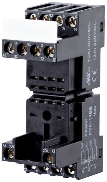 Electromechanical relay with black terminals for wiring, white label on top; suitable for 10A/300VAC, 12A/300VAC.