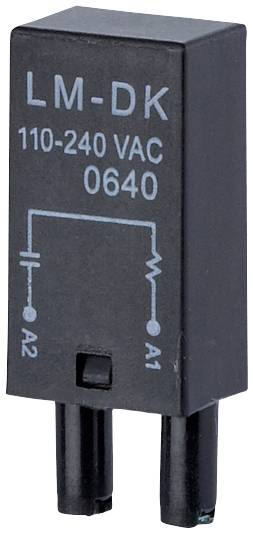 Image of a black-grey relay module with inscription: LM-DK, 110-240 VAC, 0640. Two vertical connections at the bottom, switching symbol printed.