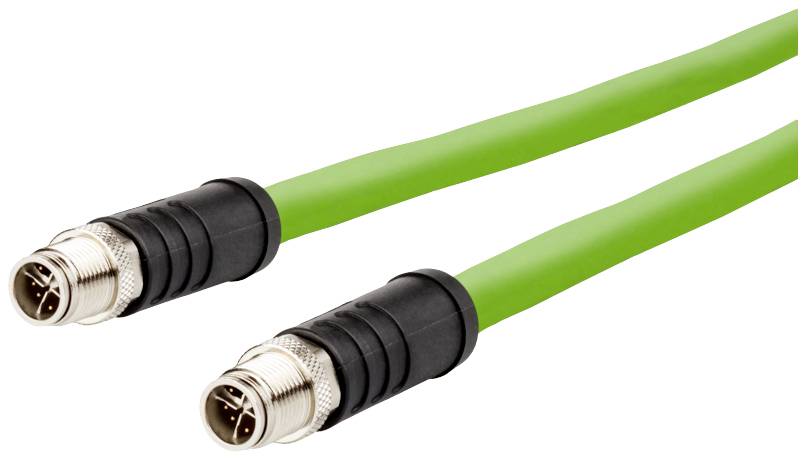 Two green cables with black and metallic connectors at the ends, suitable for industrial or electronic applications.