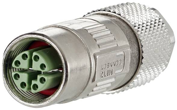 Metallic, cylindrical connector with four green sockets, suitable for industrial applications.