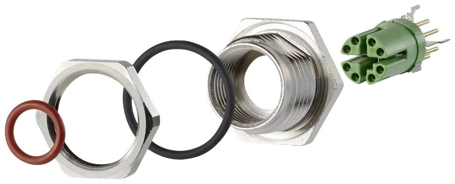Illustrated is a green connector with a six-pole connection, surrounded by two sealing rings and a locknut.