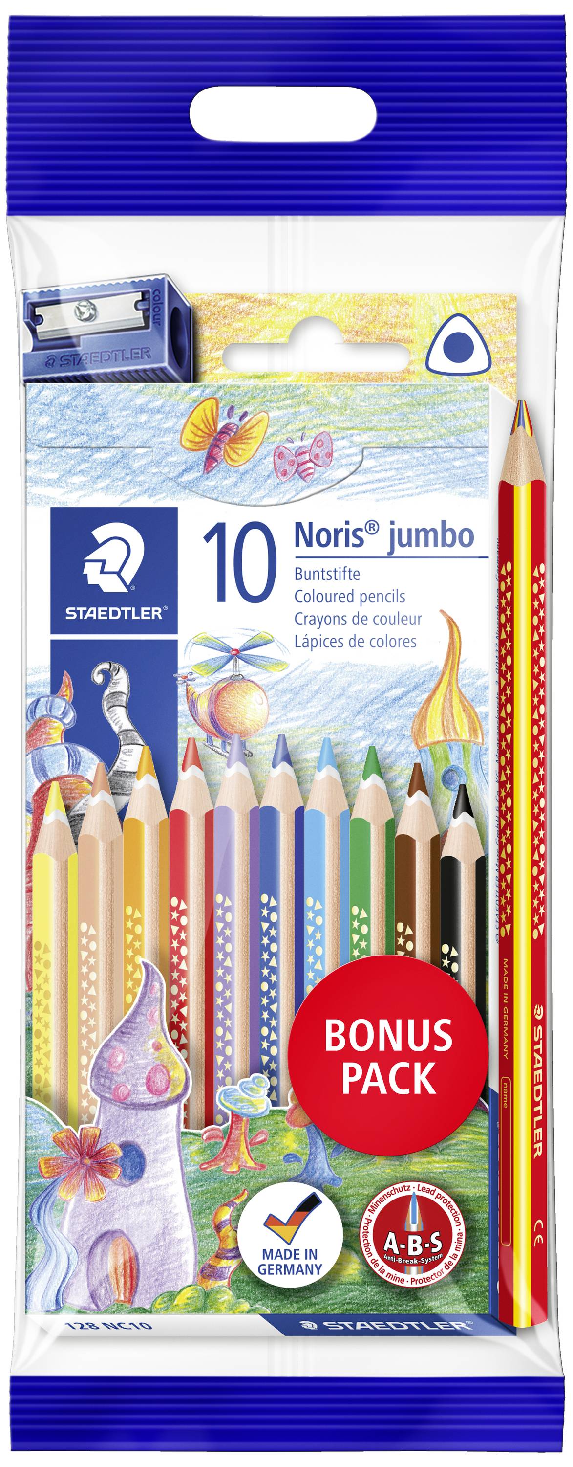 Pack of 10 colourful 'Noris jumbo' coloured pencils, including sharpener. Packaging displays vibrant illustrations and text reading 'Bonus Pack'.