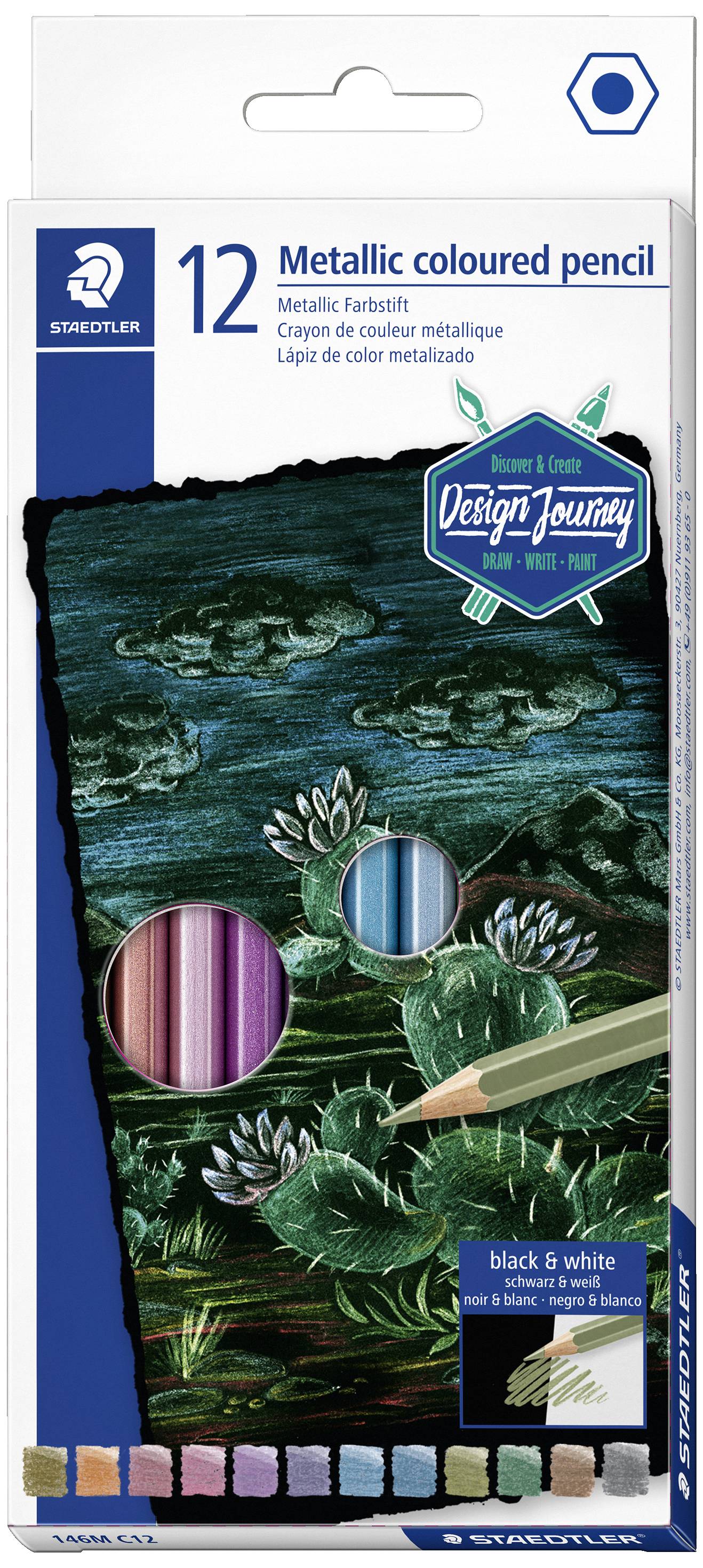 Packaging of metallic coloured pencils with 12 colours, displaying an artwork with water lilies on a water background. Includes blue and pink.