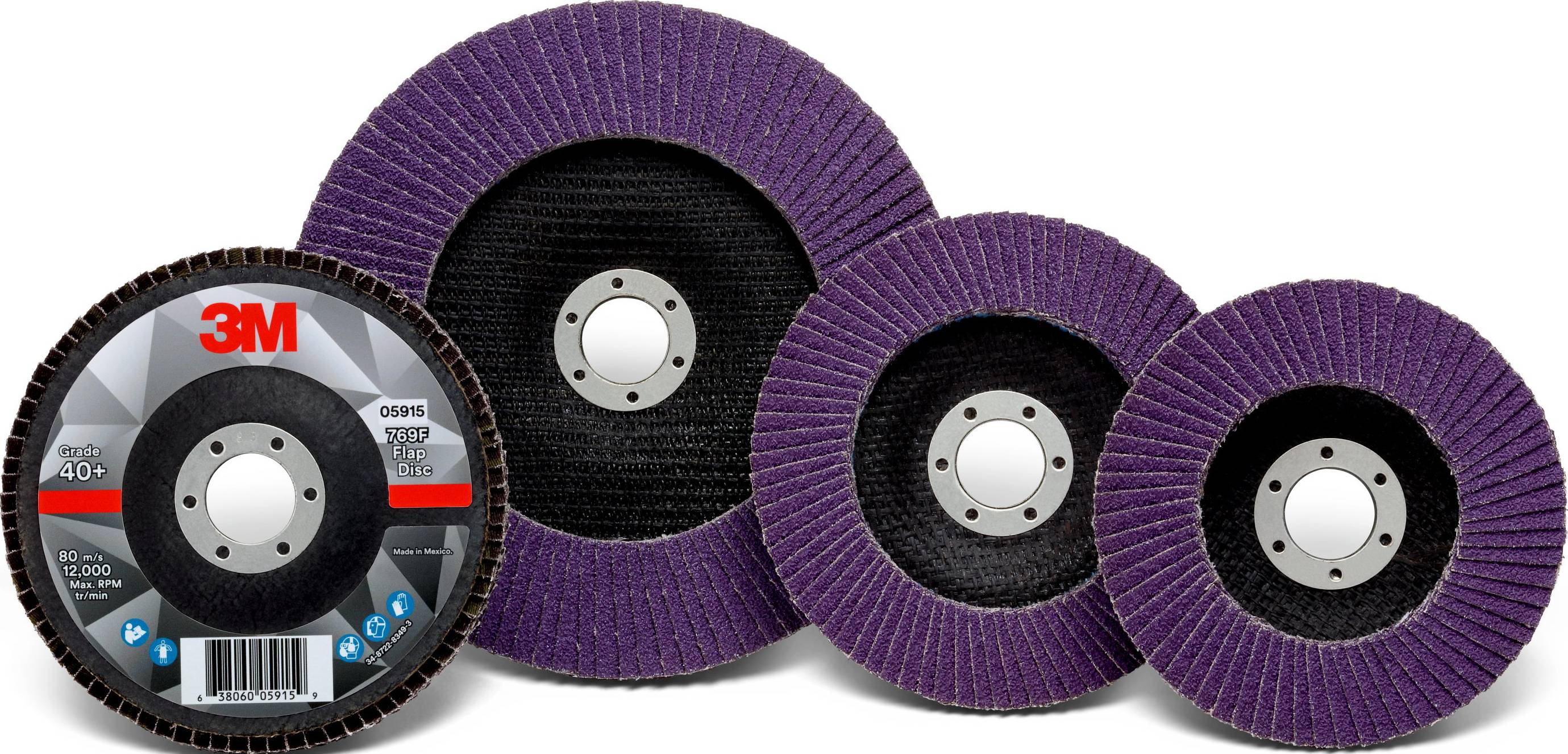 Three grinding discs in different sizes, violet grit, with visible metal core. Left disc shows brand and details.