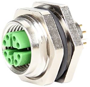 A metal plug with four green inner pins. Used for electrical connections. Screw thread and golden connection pins visible.