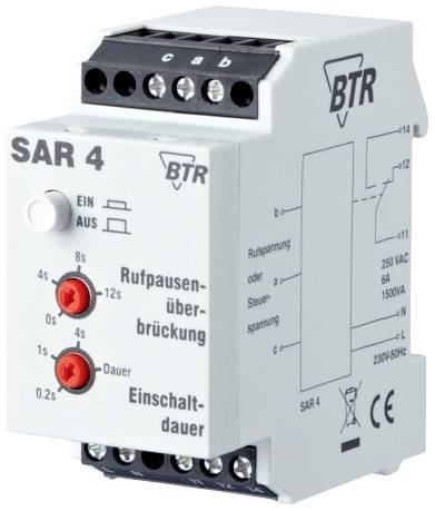 'BTR SAR 4' switching relay for DIN rail mounting; for controlling switch-on, call pause bridging, and time delay.