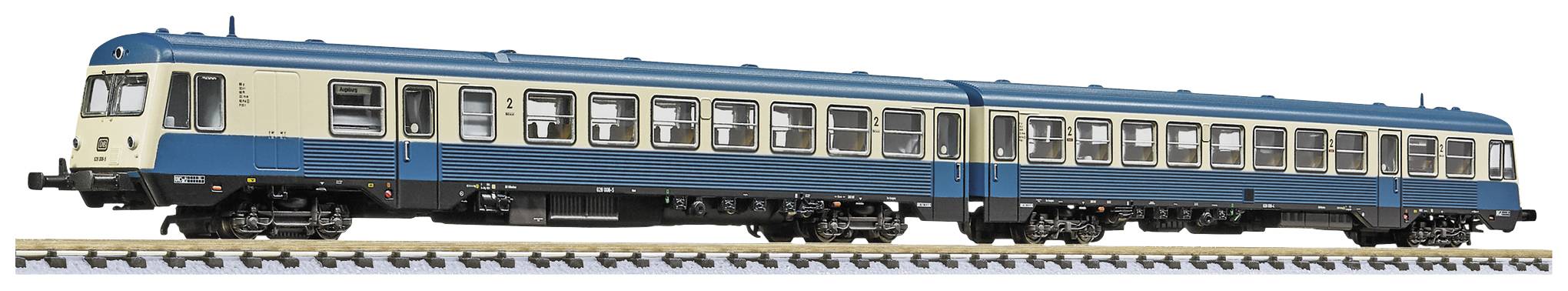 A blue and beige railbus with multiple carriages depicted on a track. The train has many windows and fine details.