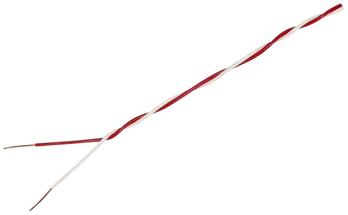 Two twisted wires, one red, the other white. Both ends are stripped, which suggests their use in electrical circuits.