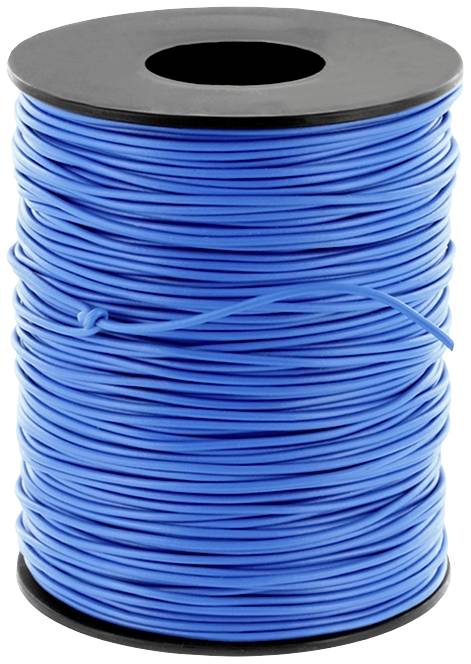 A large reel of thin, blue wire, wound up and ready for use in electrical or craft projects.