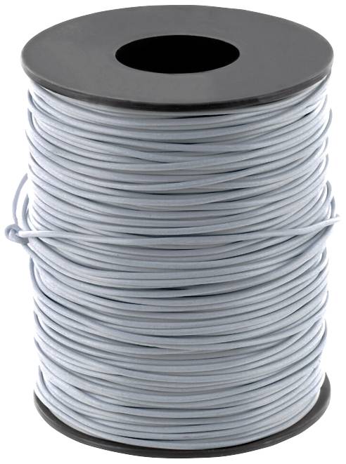 A large black reel with grey cable wound tightly and evenly around its core.
