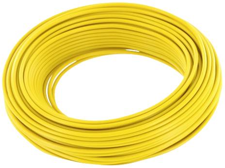 Yellow plastic cable reel, spiral-shaped and tightly wound. Ideal for electrical installations or DIY projects.