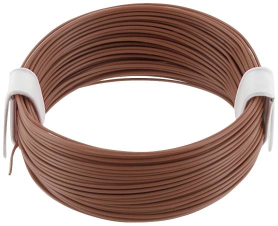 A reel with brown wire, symmetrically wound, secured with two white plastic holders.
