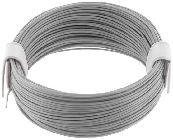 A coil of grey wire, wound up and secured with two white bands.