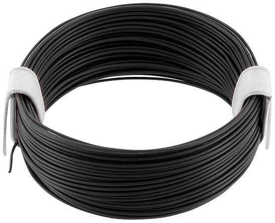 A reel of black wire, neatly wound and secured with two white bands.