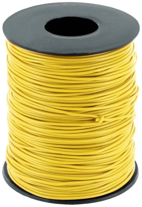Yellow wire reel on a black plastic spool core, ready for use in electrical or craft projects.