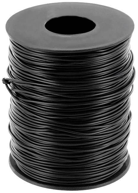 Black wire coil, tightly wound, on a plastic carrier.