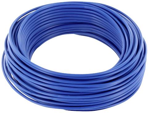 A roll of blue wire, neatly coiled and smooth. Ideal for electrical applications or DIY projects.