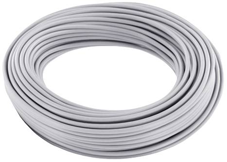 Grey cable coiled in a loop, ready for use in electrical installations or computer networking.