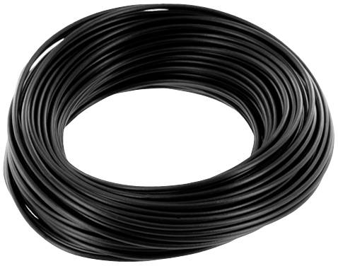 A large roll of black cable is compactly coiled and forms a closed loop.
