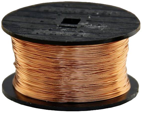 Copper wire reel on a black spool, in the foreground.