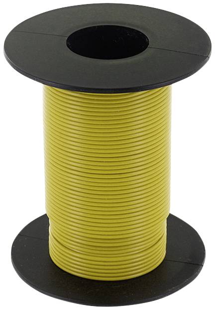 A coil of yellow wire on a black reel.