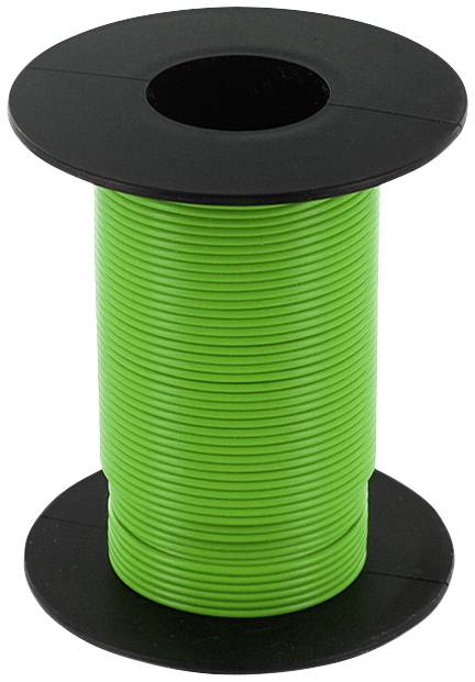 Green plastic cable reel wound onto a black spool.