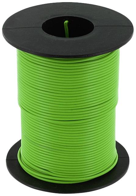A black reel with green plastic wire, wound and ready for use in electrical or craft projects.