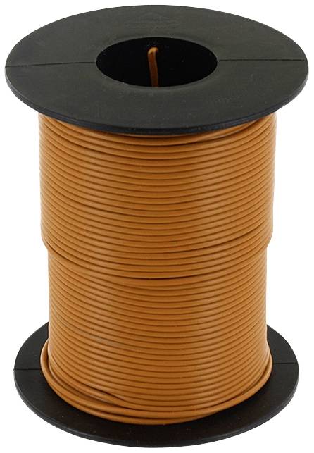 Brown cable reel with a black rim, vertically oriented.