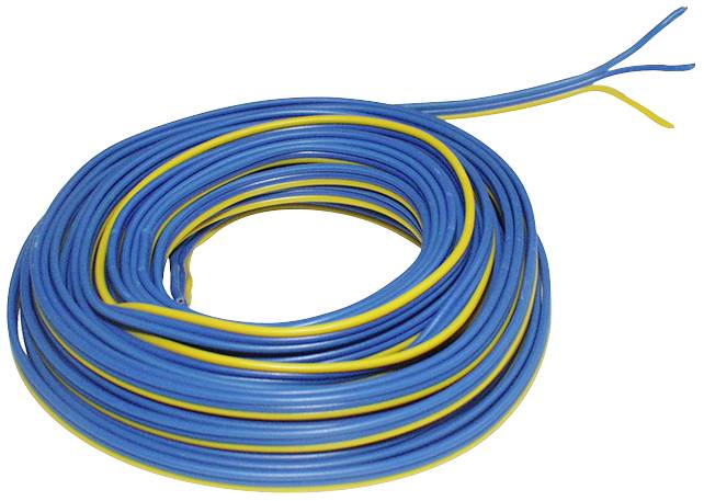 A roll of insulated electrical cables in blue and yellow.