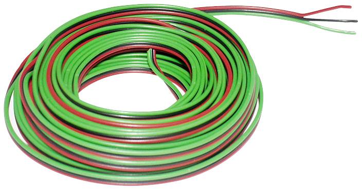 A coiled reel of thin, insulated electrical cable in green and red. Both cable ends protrude on the right-hand side.