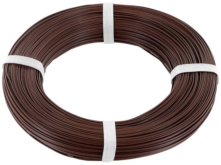 Brown cable reel secured with white straps, uncoiled and ready for use in electrical installations or wiring.